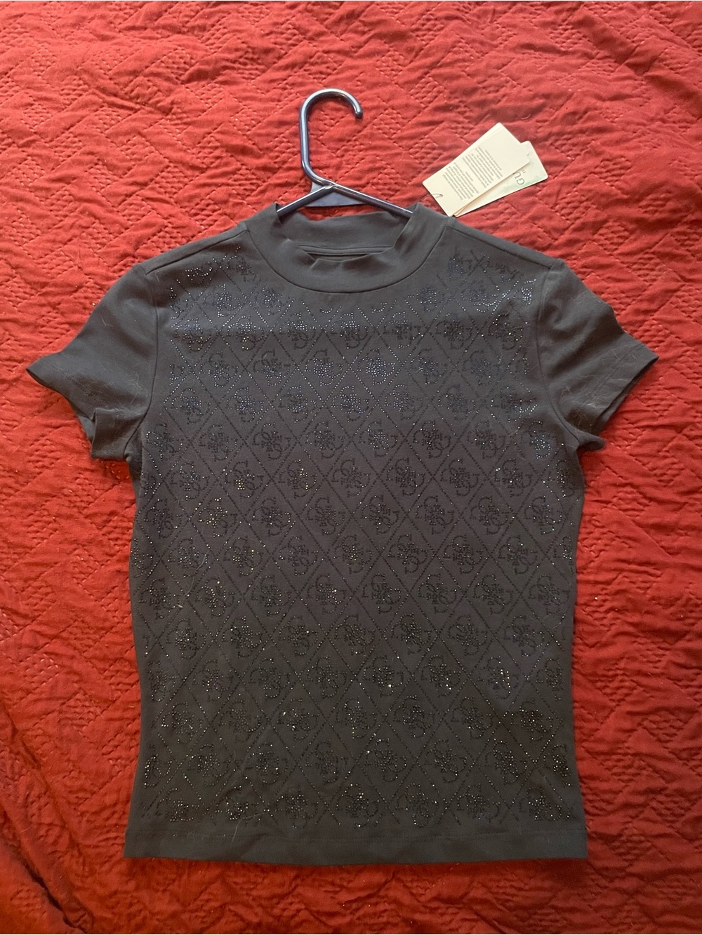 Guess Rhinestone Mock Neck Blue Tee Shirt - XS